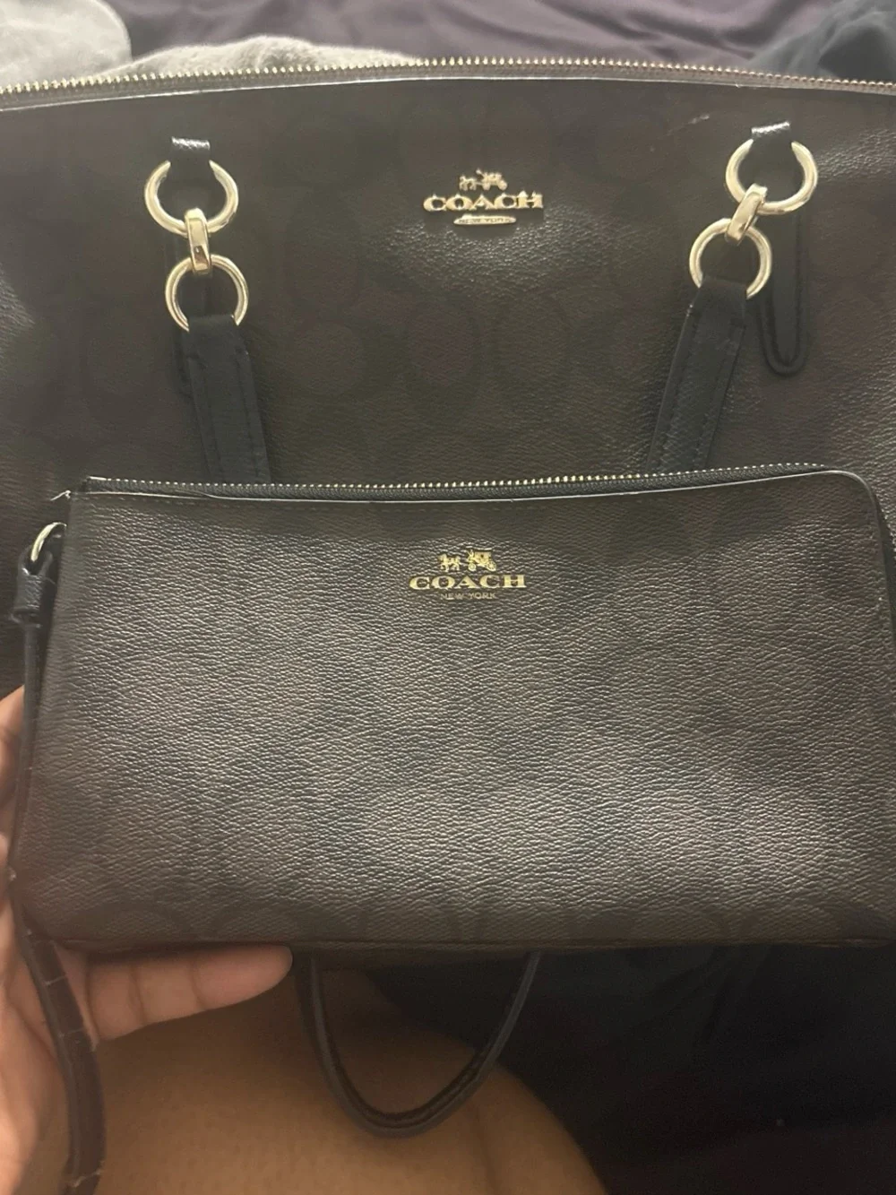 Coach Dark Brown Signature Leather Tote with Gold Hardware